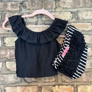 Ruffle Butts Black Ruffle Top with Striped Accent Bottoms - Girls Swim